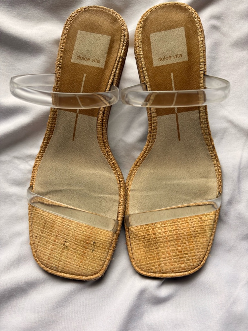 Dolce Vita Tan Woven Slide Sandals with Clear Straps